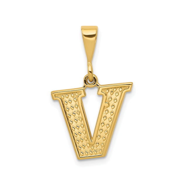 14k Yellow Gold Letter V Pendant, Textured Diamond Cut Block Initial Charm, Unisex Alphabet Jewelry