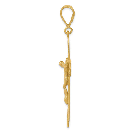 14k Yellow Gold Crucifix Pendant with Satin Finish and Filigree Detail