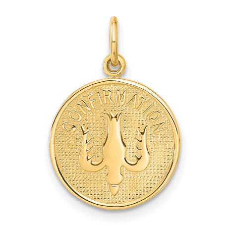 Confirmation Word and Holy Spirit Dove Round Medal Charm Pendant in Real 14k Yellow Gold