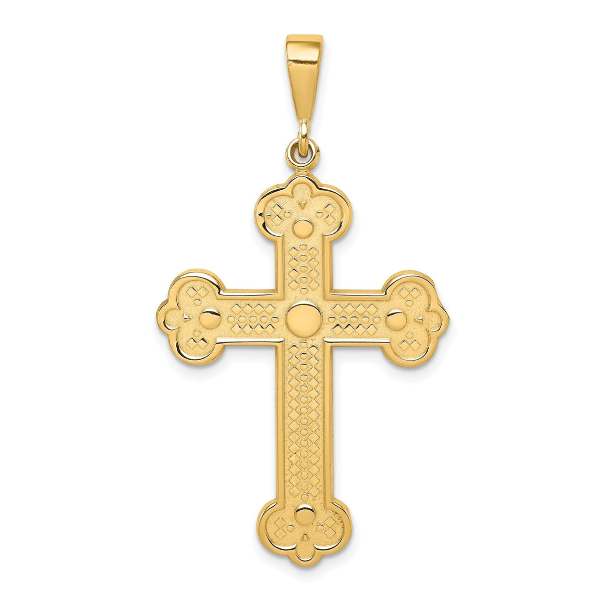 14k Yellow Gold Budded Cross Pendant with Domed Center and Geometric Motifs