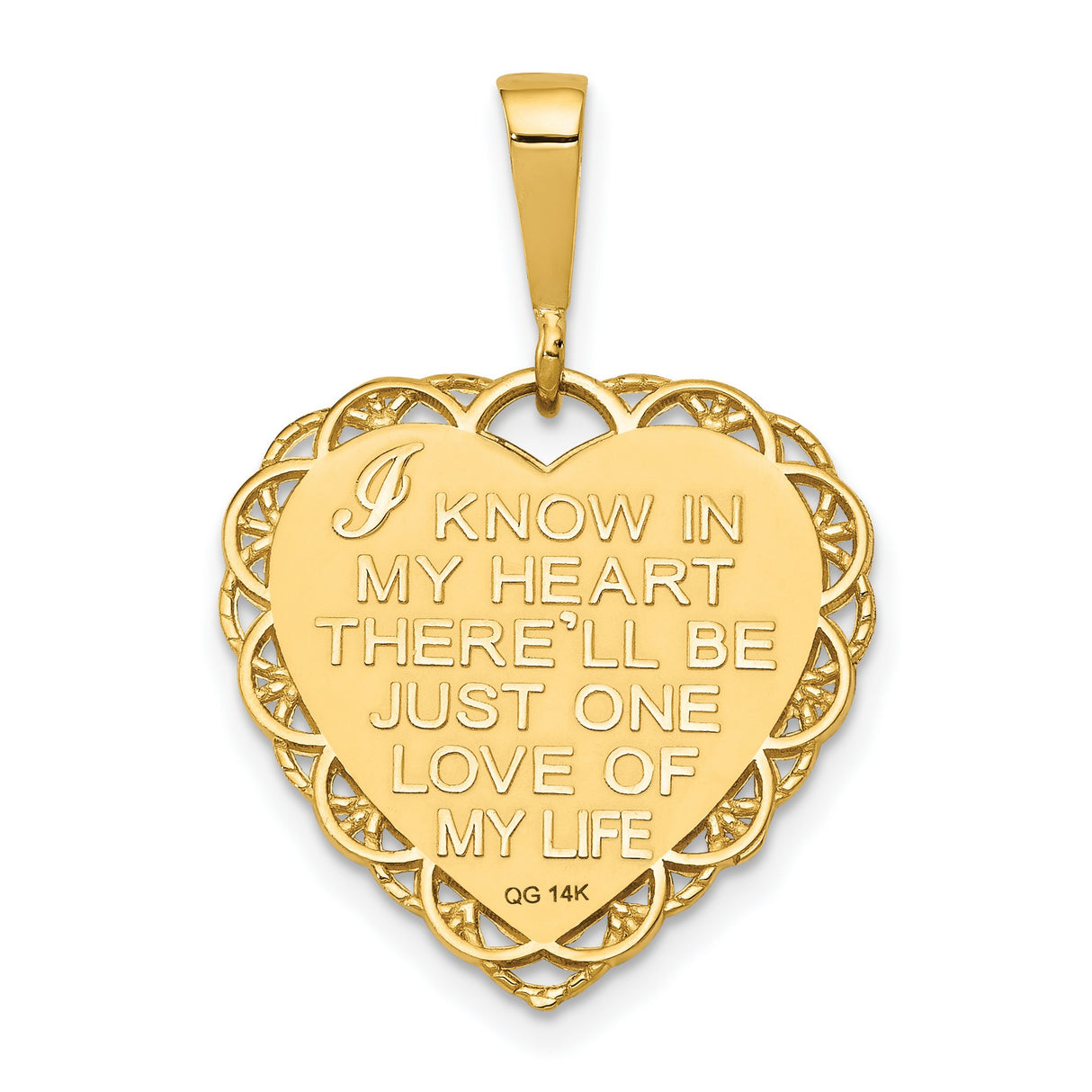 14k Yellow Gold Heart Shaped Pendant with Filigree Edges, Floral Motif, I Love You Message