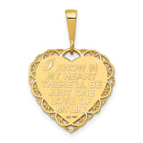 14k Yellow Gold Heart Shaped Pendant with Filigree Edges, Floral Motif, I Love You Message
