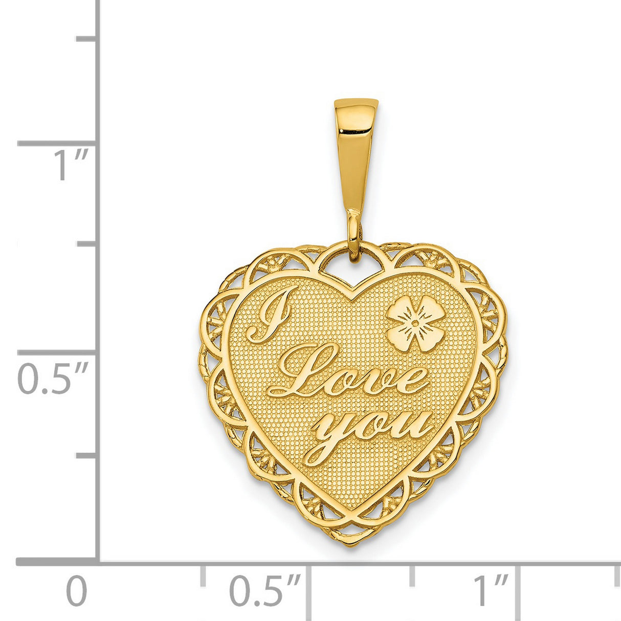 14k Yellow Gold Heart Shaped Pendant with Filigree Edges, Floral Motif, I Love You Message