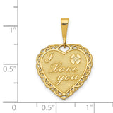 14k Yellow Gold Heart Shaped Pendant with Filigree Edges, Floral Motif, I Love You Message