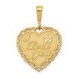 14k Yellow Gold Heart Shaped Pendant with Filigree Edges, Floral Motif, I Love You Message