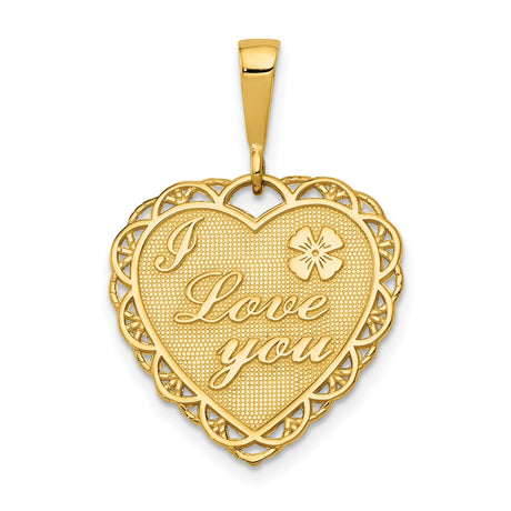 14k Yellow Gold Heart Shaped Pendant with Filigree Edges, Floral Motif, I Love You Message