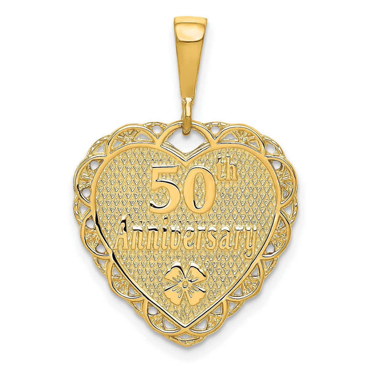 14k Yellow Gold Heart Pendant with 50th Anniversary Engraving and Floral Filigree Design