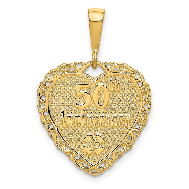 14k Yellow Gold Heart Pendant with 50th Anniversary Engraving and Floral Filigree Design