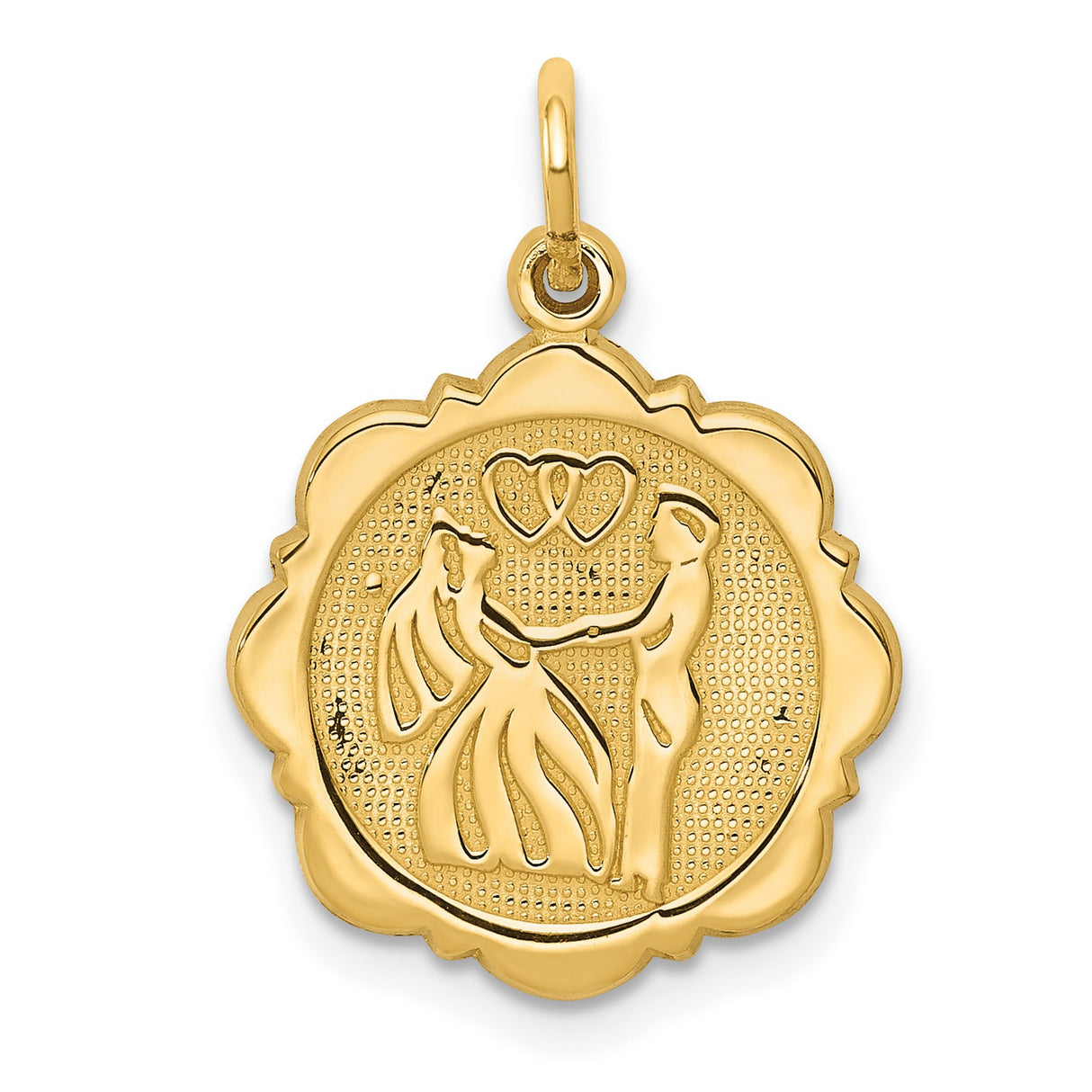 14k Yellow Gold Pendant with Bride and Groom Holding Hands and Interlocking Hearts