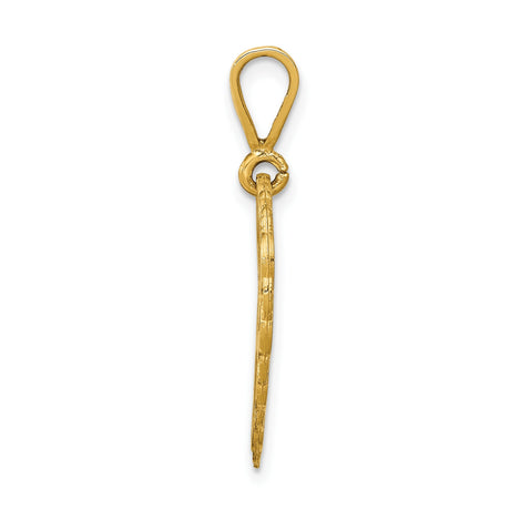 14k Yellow Gold Heart Pendant with Script Mom Engraving, Textured Background and Filigree Border