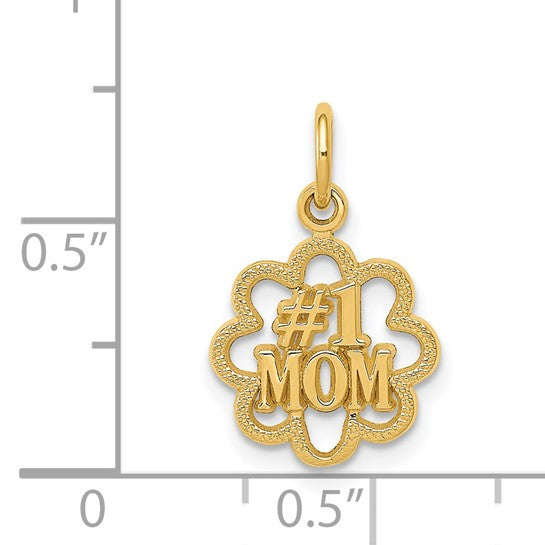 14k Yellow Gold Mom Pendant Charm with Flower Cutout Design and Textured Edges
