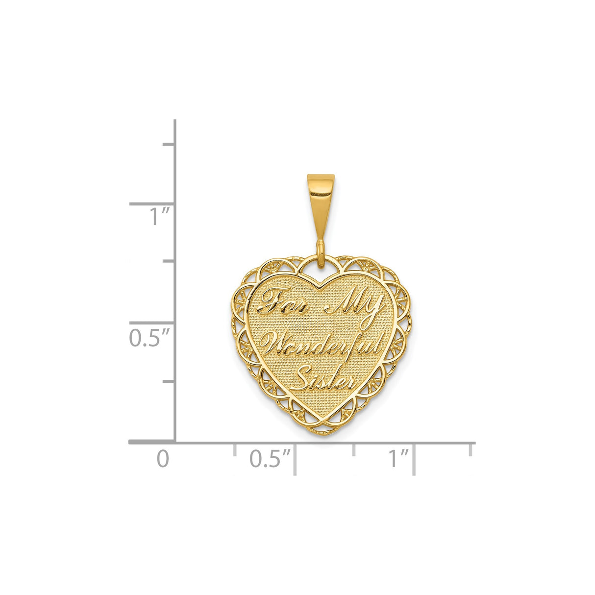 14k Yellow Gold Heart Pendant with Lace Design and Sister Message, Sentimental Jewelry
