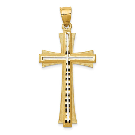 14k Yellow Gold Cross Pendant, Two Tone Reversible Design with Diamond Cut Detailing