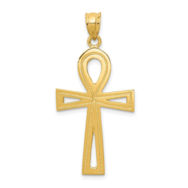 14k Yellow Gold Ankh Cross Pendant with Openwork and Beaded Design Egyptian Style Jewelry