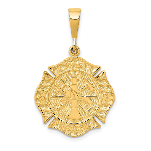 14k Yellow Gold Firefighter Maltese Cross Pendant with Fire Rescue Symbols