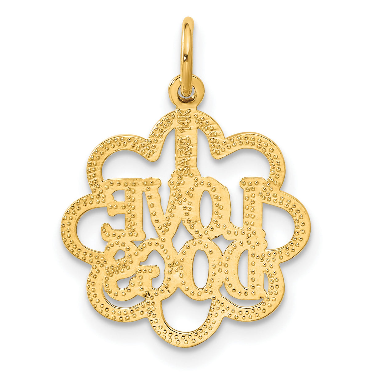 14k Yellow Gold Dog Pendant with Open Flower Outline, I Love Dogs Charm for Pet Lovers