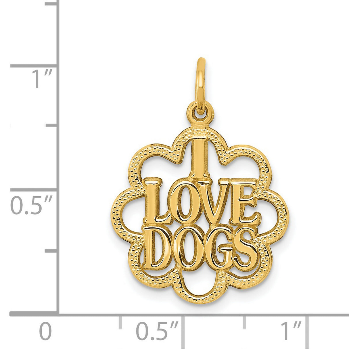 14k Yellow Gold Dog Pendant with Open Flower Outline, I Love Dogs Charm for Pet Lovers