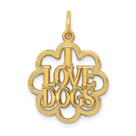 14k Yellow Gold Dog Pendant with Open Flower Outline, I Love Dogs Charm for Pet Lovers
