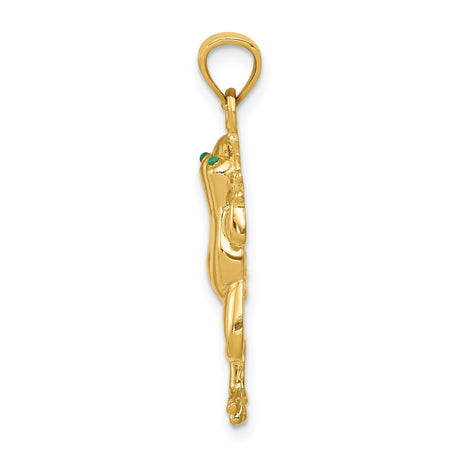 Frog With Green Eyes Charm Pendant in Real 14k Yellow Gold