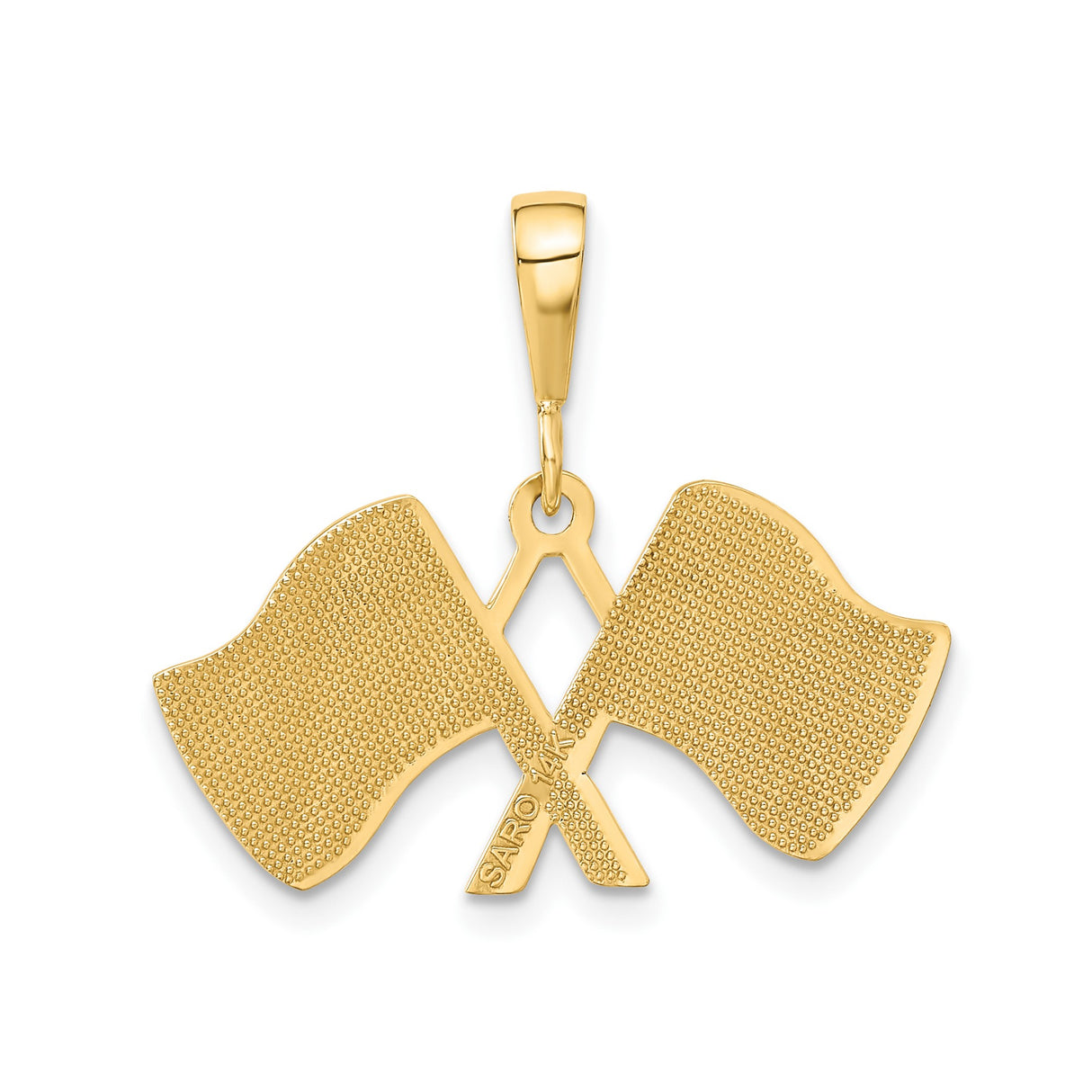 14k Yellow Gold Racing Pendant with Crossed Checkered Flags, Motorsport Charm for Car Fans
