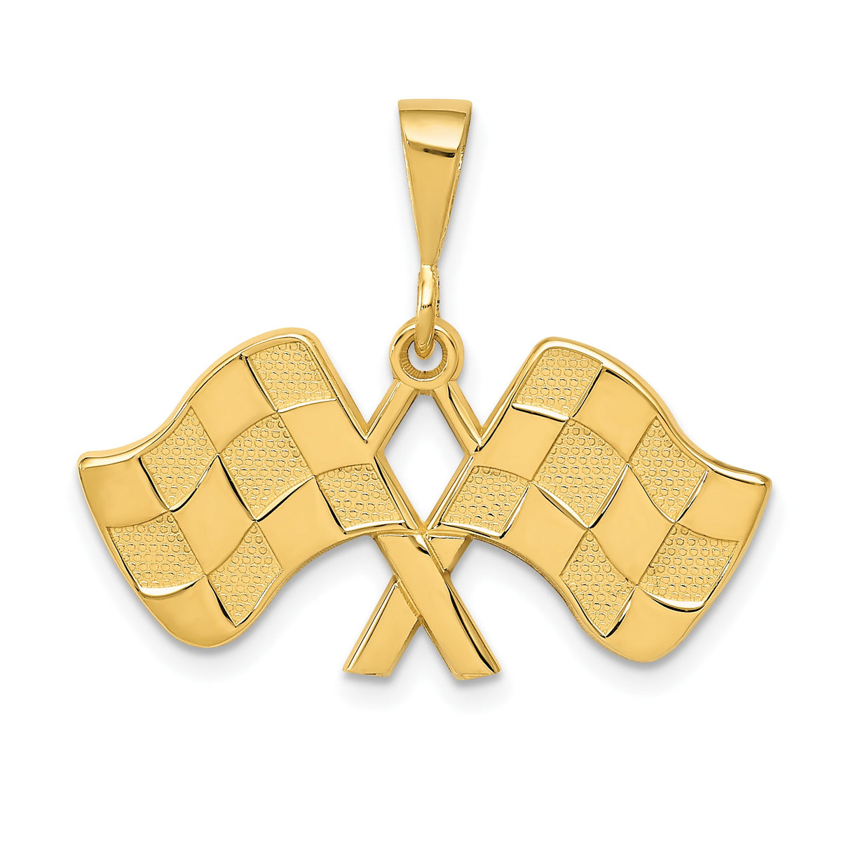 14k Yellow Gold Racing Pendant with Crossed Checkered Flags, Motorsport Charm for Car Fans