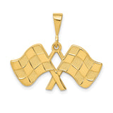 14k Yellow Gold Racing Pendant with Crossed Checkered Flags, Motorsport Charm for Car Fans