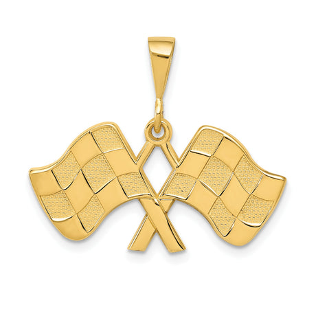 14k Yellow Gold Racing Pendant with Crossed Checkered Flags, Motorsport Charm for Car Fans