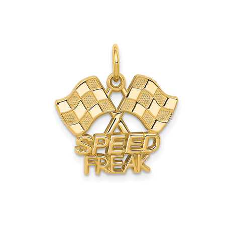 14k Yellow Gold Pendant with Crossed Checkered Racing Flags and Speed Freak Engraving