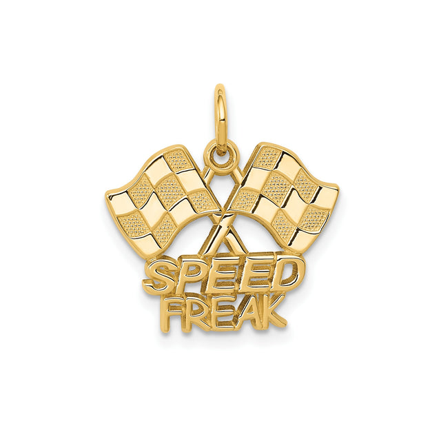 14k Yellow Gold Pendant with Crossed Checkered Racing Flags and Speed Freak Engraving