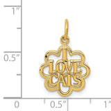 I Love Cats Words In Open Flower Shaped Charm Pendant in Real 14k Yellow Gold