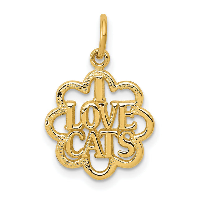 I Love Cats Words In Open Flower Shaped Charm Pendant in Real 14k Yellow Gold