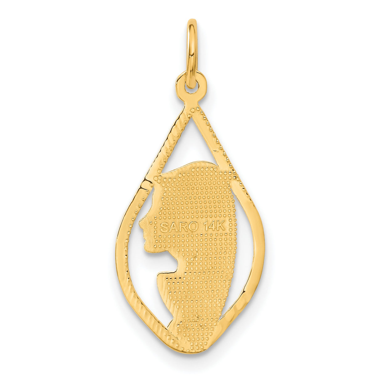 Mary Mother of God Blessed Virgin Inside Tear Drop Shaped Charm Pendant in Real 14k Yellow Gold