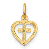 Cross Inside Open Heart Charm Pendant in Real 14k Yellow Gold