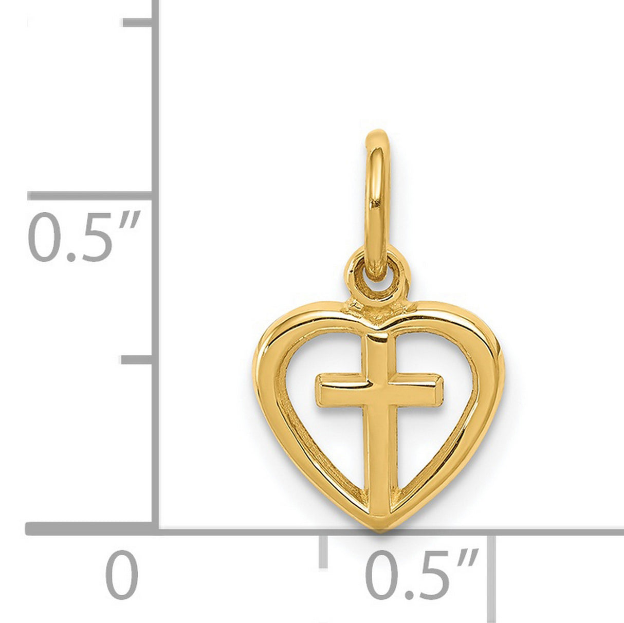 Cross Inside Open Heart Charm Pendant in Real 14k Yellow Gold