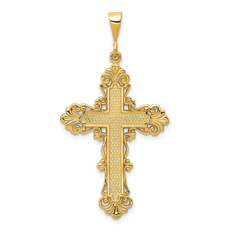 14k Yellow Gold Cross Pendant with Textured Fleur and Ornate Filigree Design