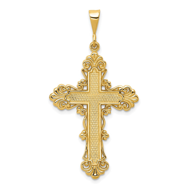 14k Yellow Gold Cross Pendant with Textured Fleur and Ornate Filigree Design