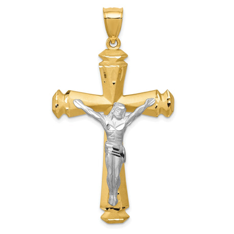 14k Two-Tone Gold Crucifix Cross Pendant with Beveled Edges and Polished Finish