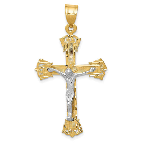 14k Two-Tone Gold Crucifix Cross Pendant with Christ Figure and Ornate Detailing