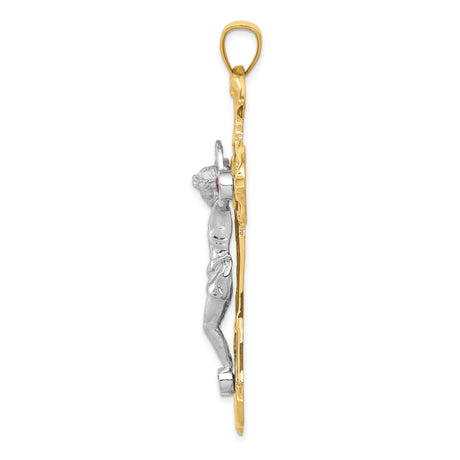 14k Multi-Tone Gold Crucifix Pendant with Cubic Zirconia, Ruby Red, Baroque Style