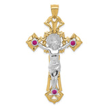 Red Stone Crucifix 59x38mm Charm Pendant in Real 14k Multi-Tone Gold