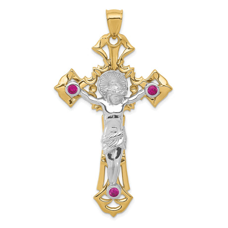 14k Multi-Tone Gold Crucifix Pendant with Cubic Zirconia, Ruby Red, Baroque Style
