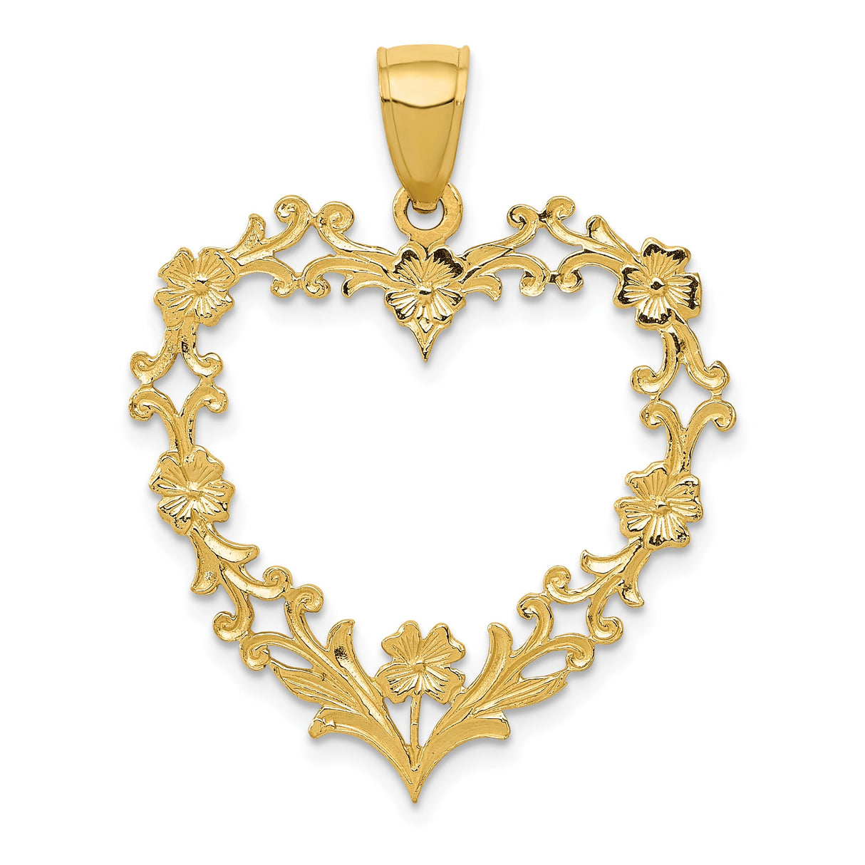 14k Yellow Gold Heart Pendant with Floral Motif and Vintage Scrollwork Design