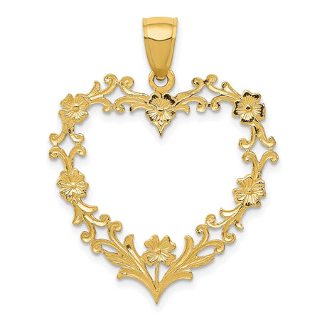 14k Yellow Gold Heart Pendant with Floral Motif and Vintage Scrollwork Design