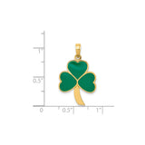 14k Yellow Gold Shamrock Pendant with Green Enamel Heart Leaves, Lucky Four-Leaf Clover Charm