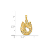 14k Yellow Gold Horse Head Pendant with Raised Horseshoe, Equestrian Western Style