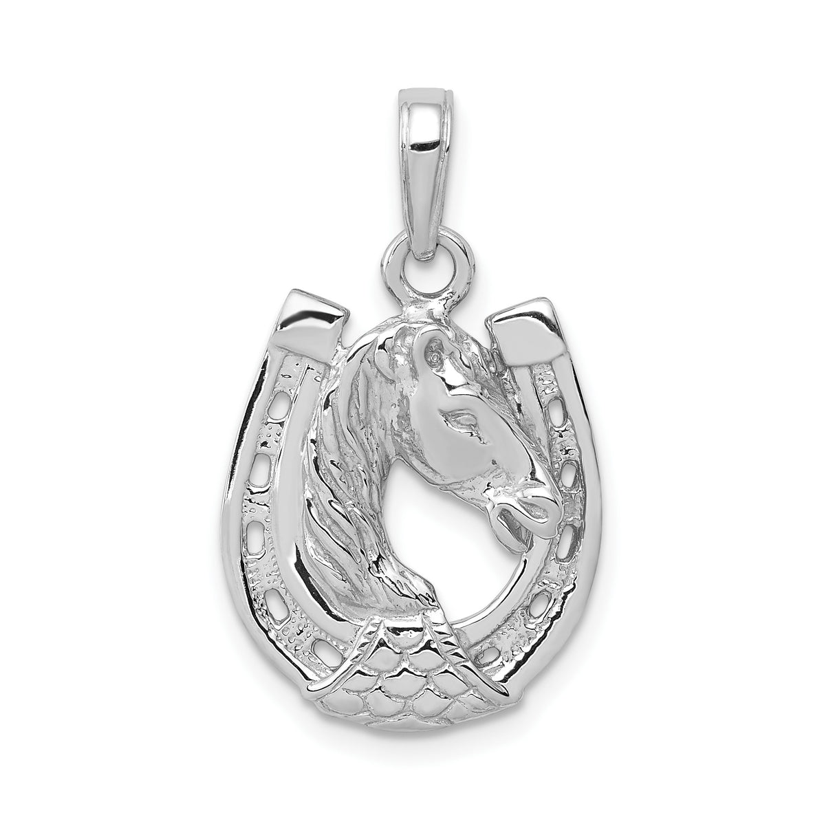 14k White Gold Horse Head Pendant with Lucky Horseshoe, Equestrian Western Style Charm