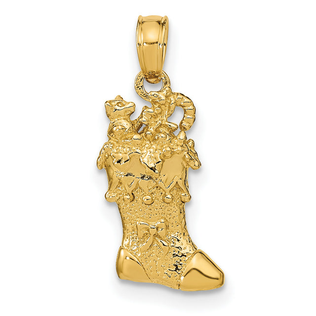 14k Yellow Gold Christmas Stocking Pendant with Toys, Stars, and Candy Cane