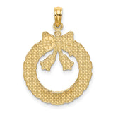 14k Yellow Gold Christmas Wreath Pendant with Holly Leaves, Bow and Bells, Satin Finish