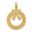 14k Yellow Gold Christmas Wreath Pendant with Holly Leaves, Bow and Bells, Satin Finish