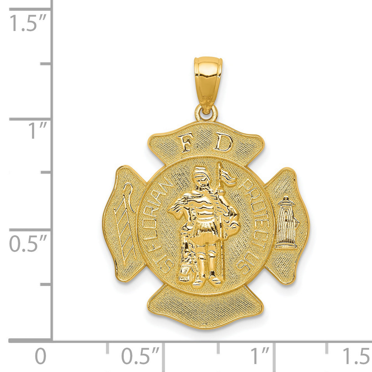 Saint Florian Protect Us Words Firefighter Badge Charm Pendant in Real 14k Yellow Gold